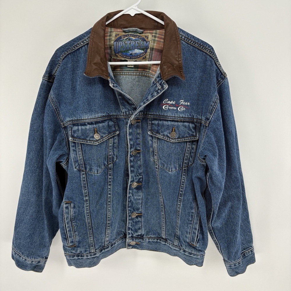 Vintage 90s Dunbrooke Denim Trucker Jacket Leather Collar Corvette Club Men L